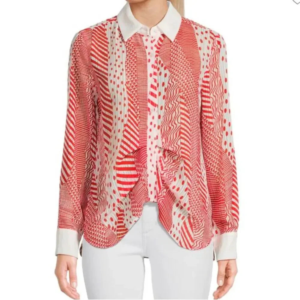 Patrizia Luca Milano Red White Mixed Print Button Down Blouse Long Sleeve Size M